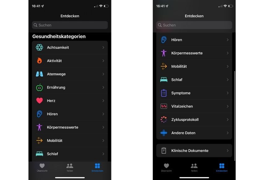 Man sieht den Reiter Entdecken in der Apple Health App. 
